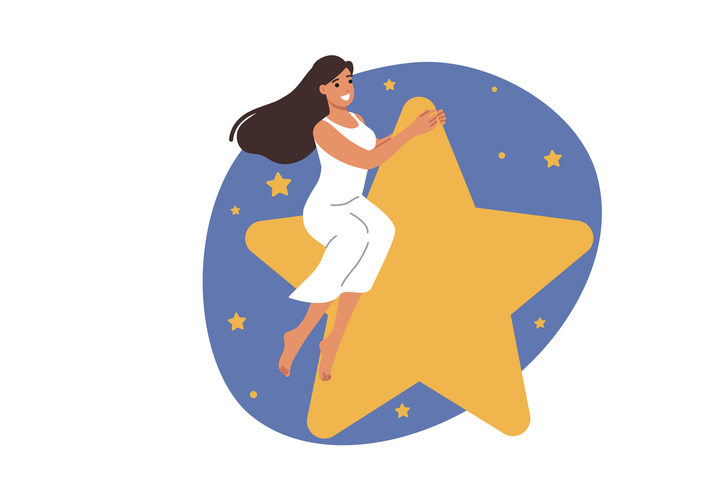 Happy woman sitting on big star flying in night sky or space during fantasy dream