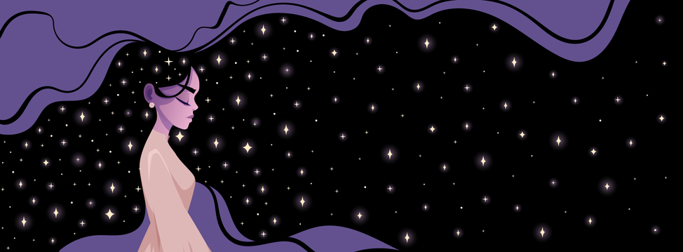 Beautiful woman with night hair decorated with stars. Constellations hair background for astronomy and astrology, sleep concept. Cartoon flat vector illustration