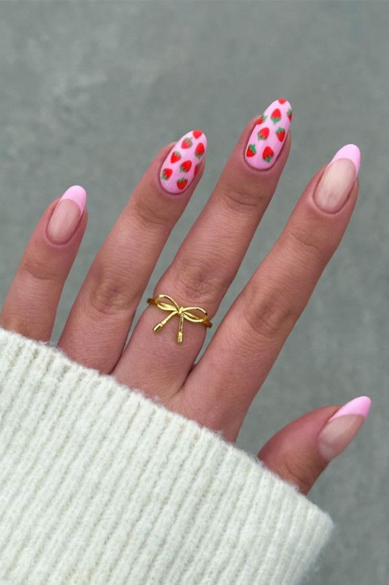 Baby Pink French Tips & Strawberry Nails 🌈🍓🍒
