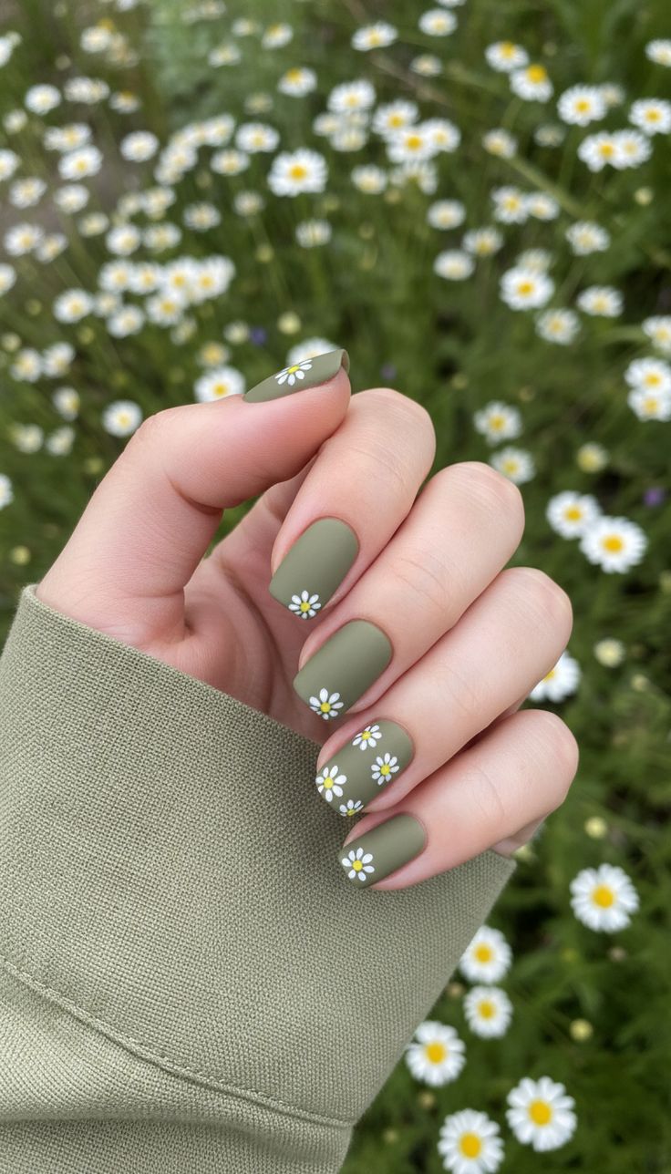 Olive Green Daisy Nails Nature-Inspired Floral Nail Art
