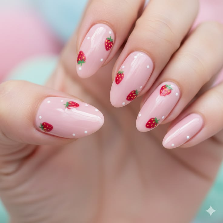 Strawberry Cute Nails 🍓 _ Pink Fruity Nail Art