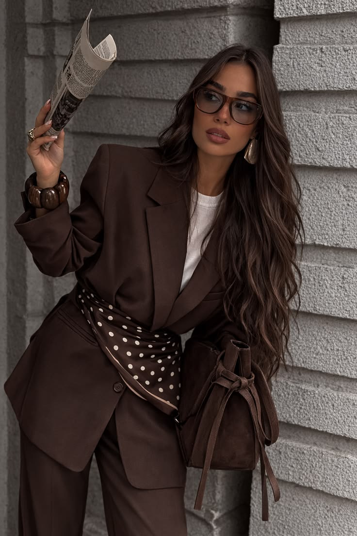 dark brown street style outfit elegant editorial fashion look